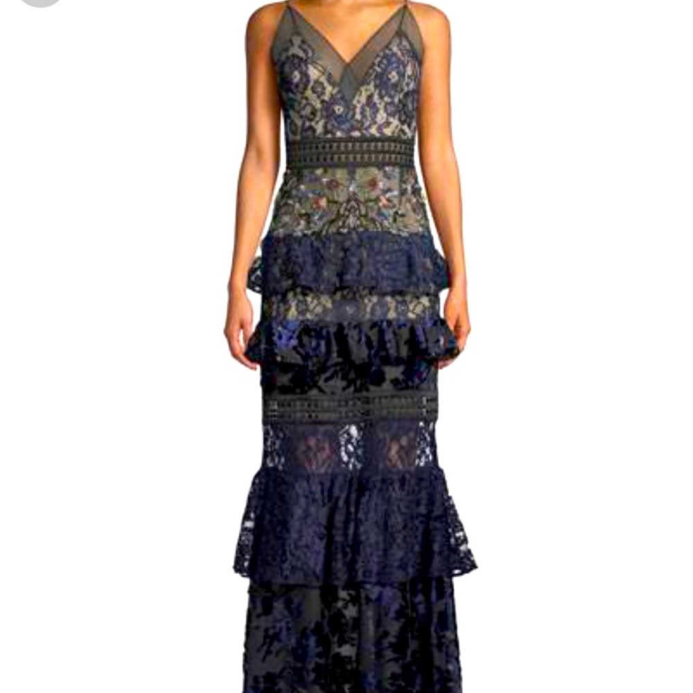 PatBo PATRICIA BONALDI Tiered Lace Velvet Mesh Beaded Gown Maxi Dress 8 - Picture 2 of 4